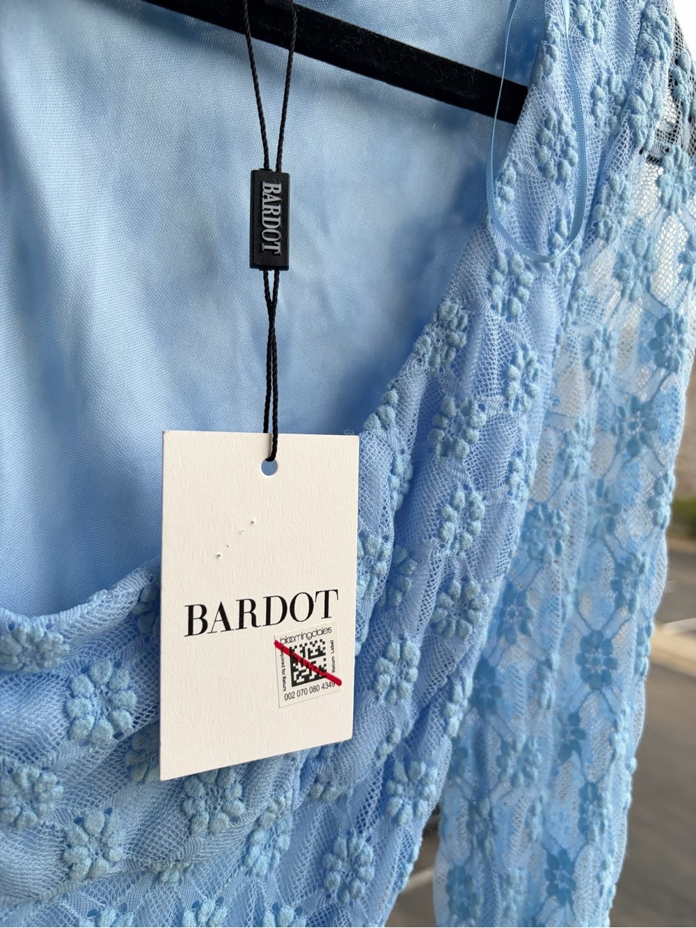 🆕🦋Bardot Adoni Lace Maxi Dress Blue Bodycon Cornflower Bridgerton Style Size M 6 - Picture 16 of 17